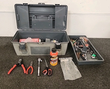 Plano Plastic Tool Box with a Variety of tools Snap Ring Plyers Ratchets Radiator Stop Leak.. and More..