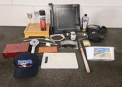 Various Items ..chessboard.. Poker Set .. Cutting Board.. Safety Glasses.. Shower Head.. Photo Album.. Braided Faucet Water Hoses And More..