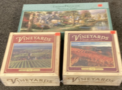 2 VINTAGE VINEYARDS 750 PUZZLES, VINTAGE THOMAS KINKADE 700 PIECE PUZZLE.