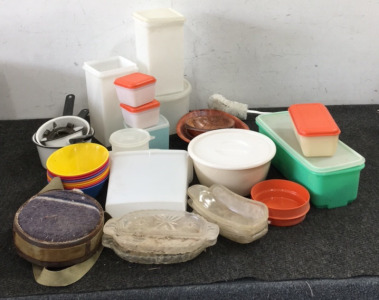 Various Plastic Containers, Toilet Brush, Canteen, Glass Platters, Silverware
