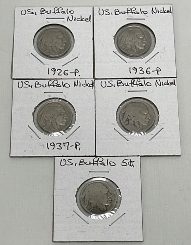 (5) U.S. Buffalo Nickel Coins Dated 1926-1937 W/ 2 Without Dates (Carded)