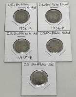 (5) U.S. Buffalo Nickel Coins Dated 1926-1937 W/ 2 Without Dates (Carded)