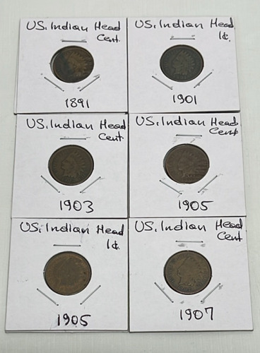 (6) U.S. Indian Head Pennies Dated 1891-1905 (Carded)