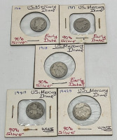 (5) U.S. Mercury Dimes Dated 1916-1942 90% Silver (Carded)