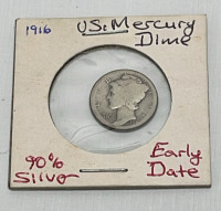 (5) U.S. Mercury Dimes Dated 1916-1942 90% Silver (Carded) - 2