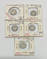 (5) U.S. Mercury Dimes Dated 1936-1945 90% Silver (Carded)