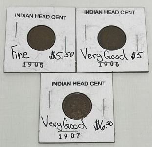 (3) Indian Head Pennies Dated 1905, 1906, 1907 (Carded)