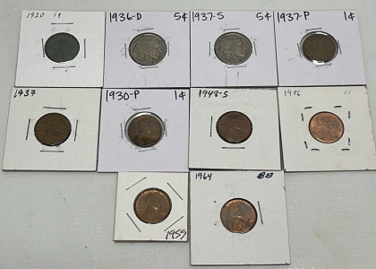 (10) Coins Total… (2) Buffalo Nickels Dated 1936 And 1937, (8) Lincoln Pennies Dated 1920-1976 (Carded)