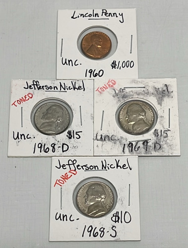 (1) 1960 Lincoln Penny, (3) Jefferson NickelCoins Dated 1968-1969 (Carded)