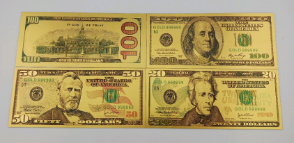 Gold Foil Collectible US Currency- (2) 100 (1) 50 (1) 20