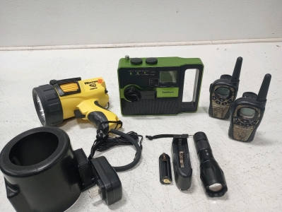 Radio Shack A.M./F M. Weather Band Emergency Crank Radio, (2) Midland Camo Handheld 2-Way Walkie Talkie Radio (#LXT385, Waypoint Pistol Grip Spotlight w/12V DC Power Cord. Metal Storage Box (8"Lx5"Wx2.5D).Good Working Condition. Please inspect in person.