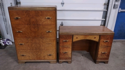 Matching Pieces 33½"x 19"x 4' Mid-Century Walnut Wooden 4-Drawer Dresser 44"x 19"x 29¾" Mid-Century Walnut 5-Drawer Desk