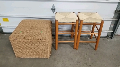 (2) Straw Stools, (1) Straw Chest/Bench