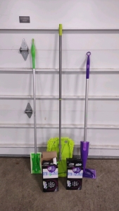 (1) Swiffer Wet Jet Heavy Duty Mop w/ New Pads and Cleaner Container Full, (1) Swiffer Duster Pad w/ Handle & (1) Smaller Swiffer Mop