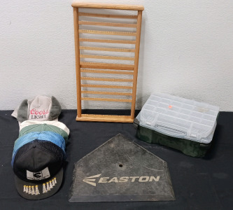 (1) Easton Deluxe Batting Tee- Heavy rubber base- 17"x 16 1/2" (8) Assorted Hates- Different Brands (1) FLW Tackle Box- 15"x 12" (1) Wooden Jewelry Holder/Organizer 23 1/2" x 12"