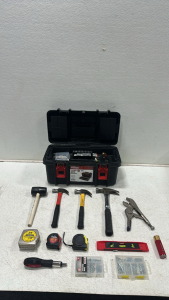 HyperTough 19” Toolbox with Organizers, (3) Various Size Hammers, Rubber Mallet, (3) Various Size Tape Measurers, 9” Level, Vice Grips, Apollo Ratcheting Screwdriver, (2) Boxes or Fasteners, and More Tools and Supplies