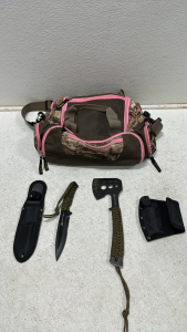 Ozark Trail Fixed Blade Paracord Knife, Ozark Trail Small Paracord Hatchet w/ Flint, Cabelas Pink/Camo Tote Bag