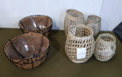 (2) 10" Wire Hanging Baskets W/Coconut Lining & (2) LilaCraft 2-Piece Woven Sea Grass Lantern Sets