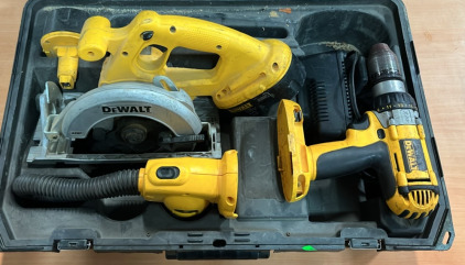 (1) Dewalt 1/2” XRP Drill (1) DeWalt 6 1/2” Cordless Circular Saw (1) Dewalt Rechargeable Light & More