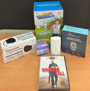 (1) Splash Baseball Home Run Coup De Circut (1) CareTouch Blood Glucose Monitoring System (1) Walking Tall Movie & An Amazon Returns Box