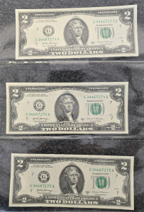 (3) Federal Reserve Note $2 Bills- Sequential Serial Numbers