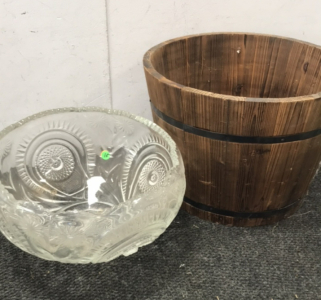 Large Crystal Punch Bowl And Wooden Barrel