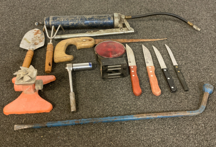 Vintage Sprinkler, Grease Gun, Knives, and More