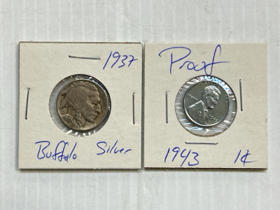 1937 Silver Buffalo Nickel and 1943 Proof Steel Penny