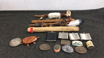 (4) Native American Decorations, (4) Flasks, (6) Belt Badges, Lighter