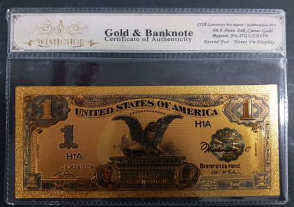 (1) 99.9% Pure 24K Gold Plated $1 Certificate Banknote w/ COA