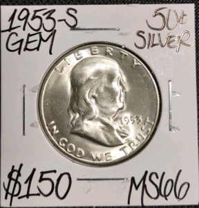 (1) 1953-S MS66 Gem Silver Franklin Half Dollar