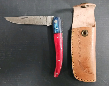 (1) Damascus Folding Knife w/ Leather Sheath