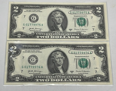 (2) Consecutive $2.00 Jefferson Bills (Sleeved)