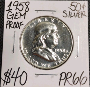 (1) 1958 PR66 Gem Proof Silver Franklin Half Dollar