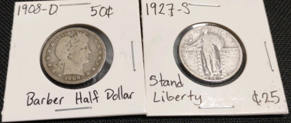 (1) 1908-D Barber Half Dollar Coin & (1) 1927-S Standing Liberty Quarter