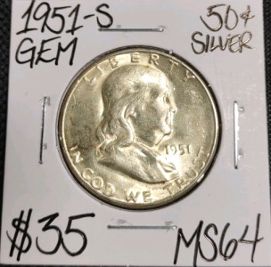 (1) 1951-S MS64 Gem Silver Franklin Half Dollar