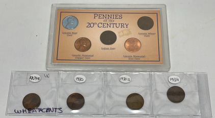 (1) Pennies Of The 20th Century Set, (4) Lincoln Wheat Pennies Dated 1929-1934