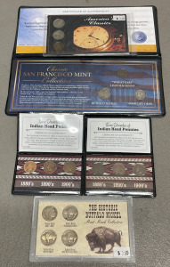 (2) Three Coin Sets Of American Classics, Buffalo Nickels, Mercury Dimes, And Wheat Pennies, (2) Three Coins Sets Of Indian Head Pennies, (1) Set Of Historic Buffalo Nickels