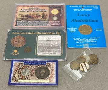 Americas First Silver Penny And Gold Plated Nickel 1900s Set, Abraham Lincoln Bicentennial Set Of 2 Coins, One Lucky Alcatraz Coin, Reproduction Roman Coin Set Of Two, And Bag Of Tokens