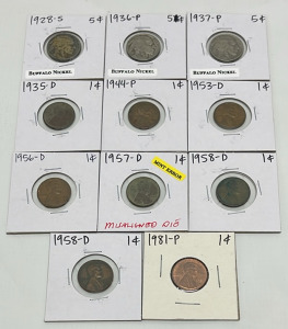 (3) Buffalo Nickels Dated 1928 To 1937, (8) Lincoln Pennies Dated 1935 To 1981