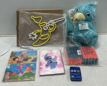 Large Weighted Blue Dragon Plush, Crazy Banana LED Neon Wall Sign, (200) Orange and Blue NERF Darts, (6) 30-Piece Kids Puzzles, Stitch Themed iPad Case, Left Right Center Dice Game, and More