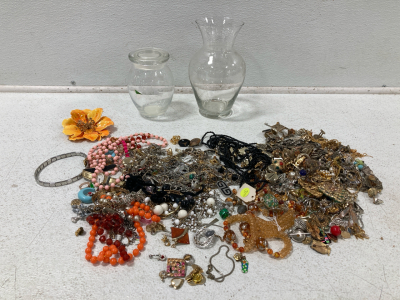 Pile Of Jewelry & (2) Vases