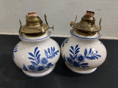 (2) Hand-Painted in Japan Ceramic Oil Lamps - Blue Floral Design