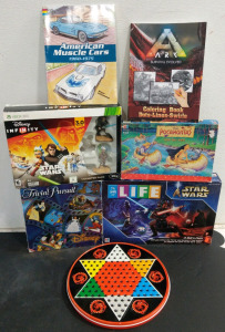 (7) Games and Books Lot - (1) Trivial Pursuit Disney (1) Star Wars The Game of Life (1) Pocahontas Board Game (1) Disney Infinity Starter Pack (1) American Muscle Cars Book (1) ARK Coloring Book (1) Chinese Checkers Set