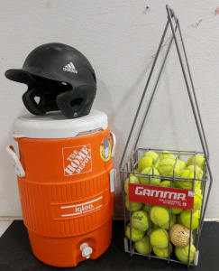 (3) Sports Equipment Lot - (1) Adidas Baseball Helmet (1) Home Depot Igloo Cooler (1) Gamma Ballhopper w/ Tennis Balls