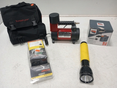 (1) SuperFlow Portable Air Compressor w/Built in LED Flashlight (#HV-40A2), with Soft Carrying case and Air Hose. (1) Glaciers Edge Sidewinder D Cell Air Pump, (1) Curt 56332 Custom Wiring Connector for Kia Sorento/Hyundai Veracruz Santa Fe, (1) MAGLITE H