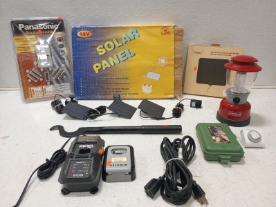 (1) Solar Panel, 12 V 350mA Watts (SKU#41144), (3) Mono Crystalline Solar Module (#AS103-0718A), (1) e2 Snap-Lever, Panasonic Rechargeable Battery Kit (#690257), Ryobi P118 18V Class 2 Battery Charger, (1) Delswin Lock Box, (1) Coleman 4D (6V) Battery Pow