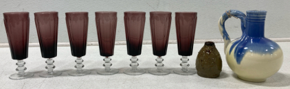 (7) Purple Glass Cups (2) Small Vases