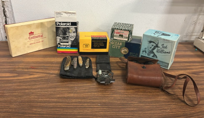 (1) The Button Land Camera Polaroid Camera (1) Continental Stainless Steel Hollow Ground Deluxe Steak Set (1) Kodak Pony 135 Field Case & Camera & More