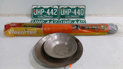 (4) Colorado License Plates (UHP-440 & UHP-442) (2) Metal Gold Pans & (1) Roll DuPont WeedFree Fabric